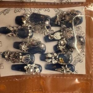 Luxury Deep‎ Blue Rhinestone Rose Press On Nails Long Coffin Statement